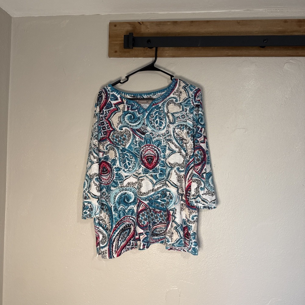Chicos 3 Knit Paisley Tunic Top Shirt Pink‎ Teal 3/4 Sleeve Stretch Size XL